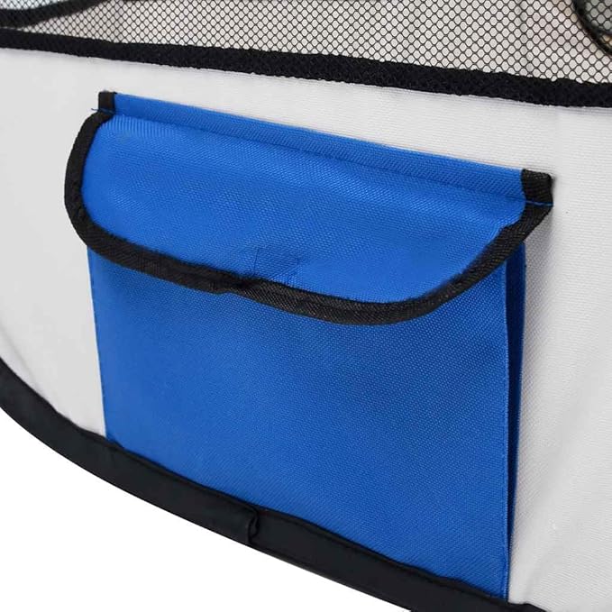 vidaXL Foldable Dog Playpen - Blue/Cream with Carrying Bag, Mesh Zipper Roof/Door, Side Pockets, Lightweight & Sturdy Steel Frame, 35.4"x35.4"x22.8"