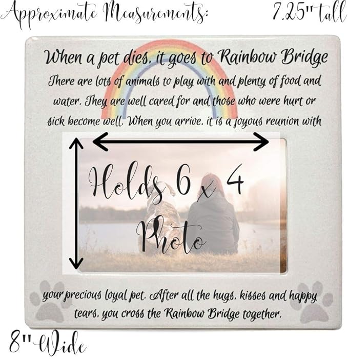 BANBERRY DESIGNS Pet Memorial 4x6 Picture Frame - Rainbow Bridge Message - Bereavement Photo Plaque for Dog or Cat - in Memory of a Pet - Pet Sympathy Gift