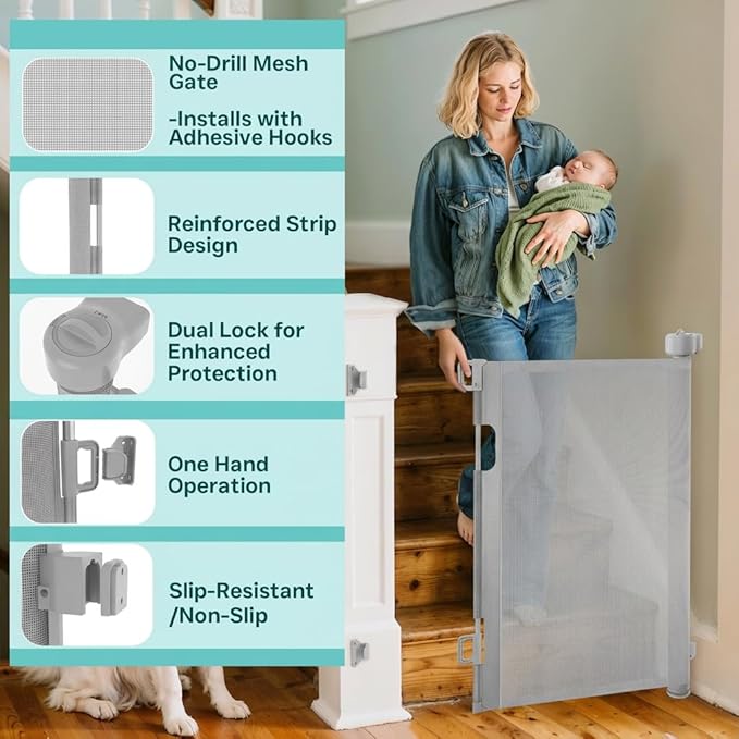 236 Inch Extra Wide Retractable Baby Gate,Mesh Baby Gate or Mesh Dog Gate,34" Tall,Child Safety Gate for Doorways, Stairs, Hallways, Indoor or Outdoor (Gray, 236''Wide 41''Tall)