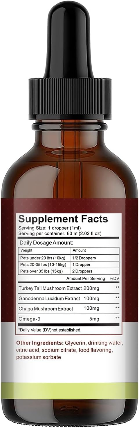 Turkey Tail Mushroom Drops for Dogs & Cats, Relieves Lipoma/Lumps/Bumps & Warts Support, Boost Immunity, Ganoderma Lucidum & Chaga Mushroom: Young Weak & Senior Pets & Low-Vitality & Post-Surgery Pets