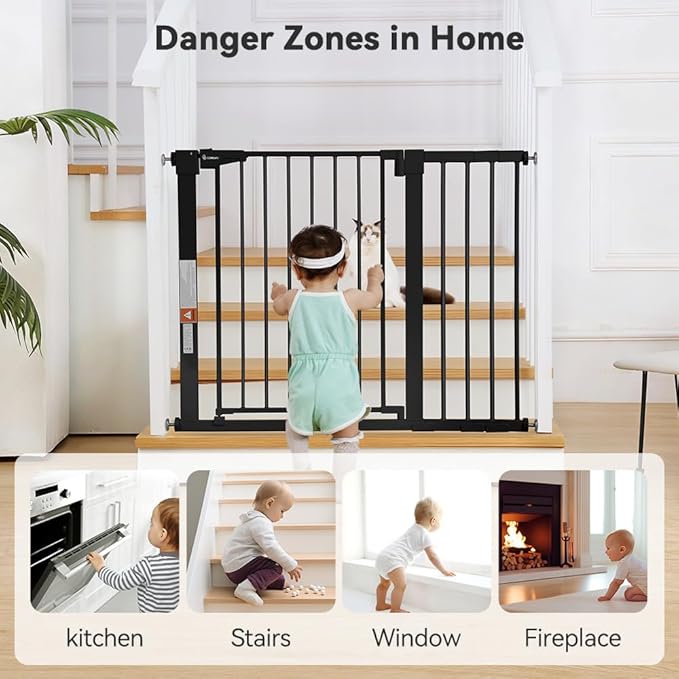 COMOMY 29.5-43.3" Safety Baby Gate Extra Wide, Auto Close Dog Gate for House Doorways Stairs, Pressure Mounted Easy Walk Through Pet Gate Child Gate, Includes 2.75" and 8.25" Extension, Black
