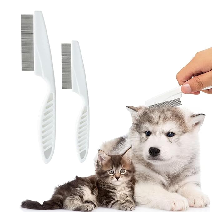 2 Pcs Multifunctional Pet Grooming Comb, 2026 New Flea Comb for Dogs and Cats, Pet Lice Fine Tooth Tear Stains Removal Brush for Small Puppies and Dogs (White)