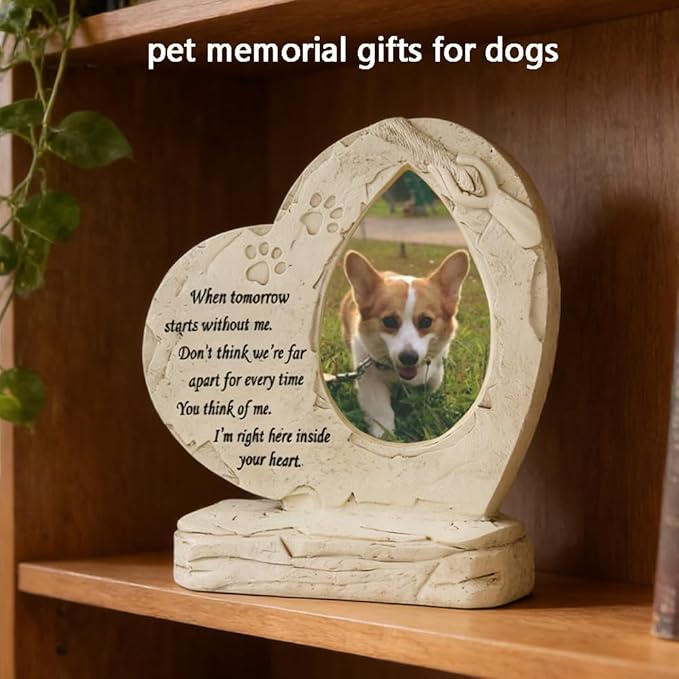Heart Shaped Pet Dog Memorial Stones with Photo Frame, Pet Headstones Grave Stones for Dogs or Cats, Sympathy Pet Dog Memorial Gifts Remembrance Loss Gifts Outdoor or Indoor