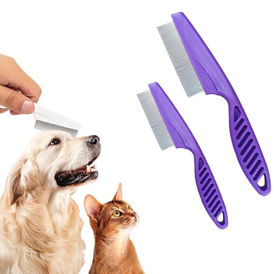 Pet Hair Removal Comb Flea Comb, 2025 New Multifunctional Pet Hair Comb, Pet Grooming Brush Fine Magic Tear Stain Removal Comb, Fine-Tooth Stainless Massage Comb Kit for Cats Dogs (Purple 2pcs)