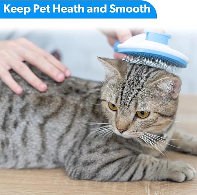 Self-Cleaning Cat and Dog Slicker Brush - Grooming Comb With Smooth Handle, Pet Grooming Tool With Cleaning Button for Shedding and Massage (BLUE)