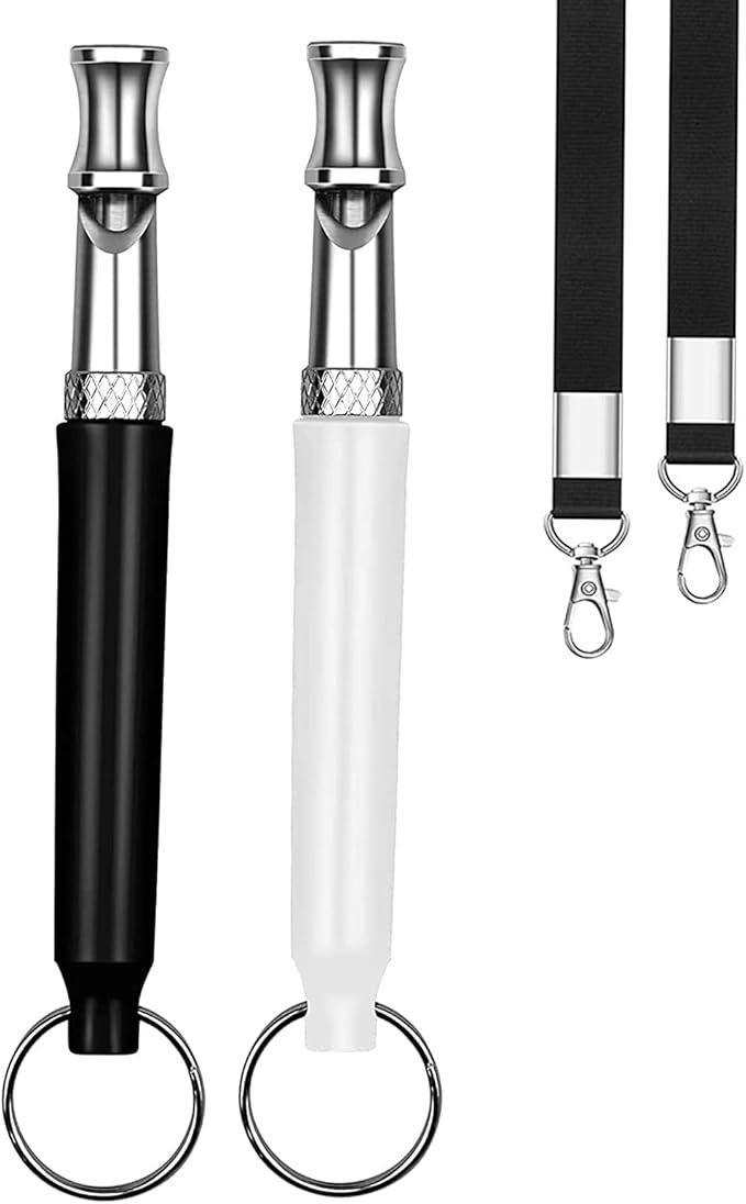 2 Pack Dog Whistle, Dog Whistle to Stop Barking Neighbors Dog, Adjustable Ultrasonic Silent Dog Whistle, Professional Recall Dog Training Whistles, with Lanyard (Black+White)