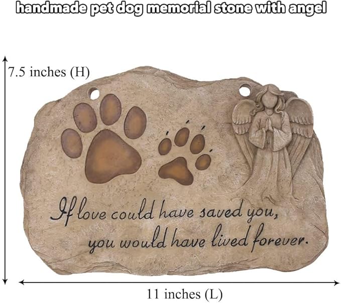 jinhuoba Pet Dog Memorial Stones Headstones Plaques with Angel, Sympathy Paw Prints Pet Dog Memorial Gifts Loss Gifts Remembrance Gift Grave Stones for Dogs or Cats Outdoors, 11" x 7.5"