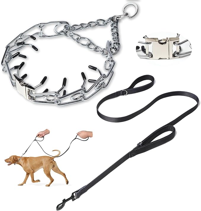 Prong Collar for Dogs,Dog Training Collar with One Professional Training Leash,Adjustable Pinch Collar with Quick Release Metal Buckle, No Pull Choke Collar for Small Medium Large Dogs（Silver, S）.