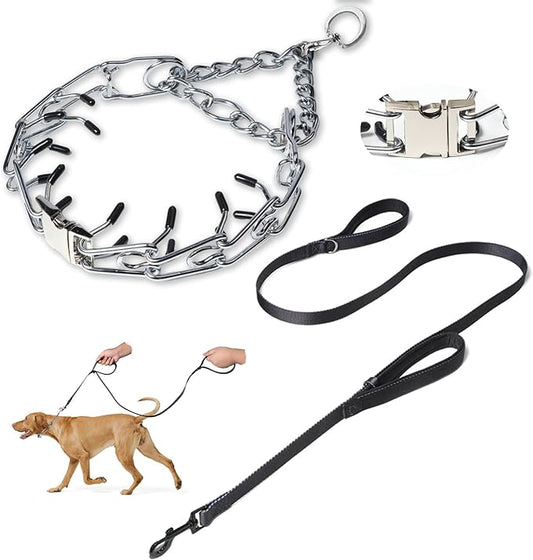 Prong Collar for Dogs,Dog Training Collar with One Professional Training Leash,Adjustable Pinch Collar with Quick Release Metal Buckle, No Pull Choke Collar for Small Medium Large Dogs（Silver, S）.