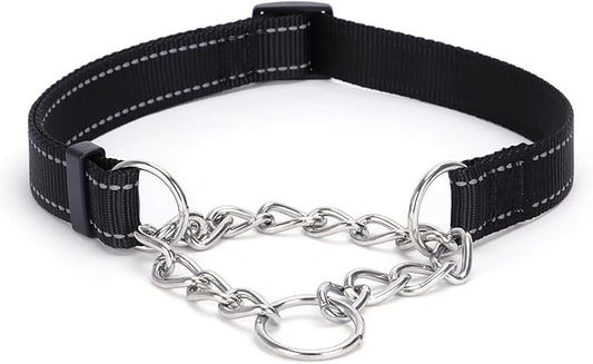 Martingale Dog Collar with Stainless Steel Chain and Leash Set, Martingale Collar with Reflective, 5FT Double Handle Dog Leash Padded, Adjustable for Medium Large Dogs (Black Collar, M)