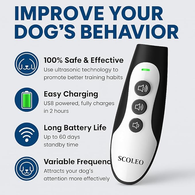 Anti Barking Device for Dogs - Ultrasonic Dog Trainer with VF Tech, 3 Modes Bark Control, Rechargeable Dog Bark Deterrent for Behavior Correction - Indoor & Outdoor Use