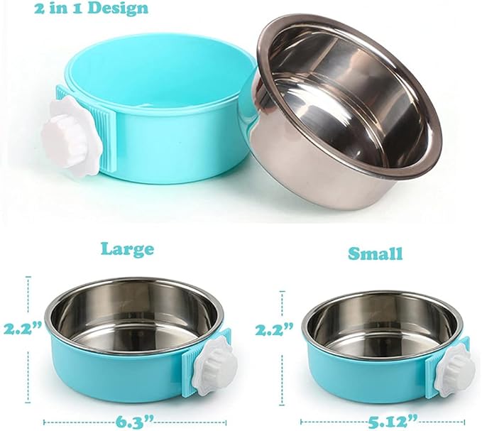 Love Dream Crate Dog Cat Bowls, Removable Stainless Steel Hanging Pet Cage Bowls for Kennel, Water Food Feeder Cage Coop Cup for Cats, Dogs, Rabbits and Small Animals (Large, Blue)