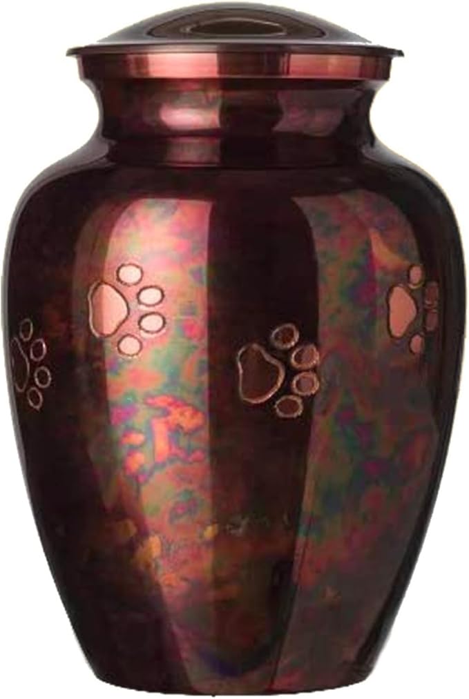 Ottillie Paws Legacy Series Pet Urn for Dogs, Handmade Brass Memorial Cremation Urn (Large - Pets up to 115 lbs, Raku, Horizontal Brass Paws)