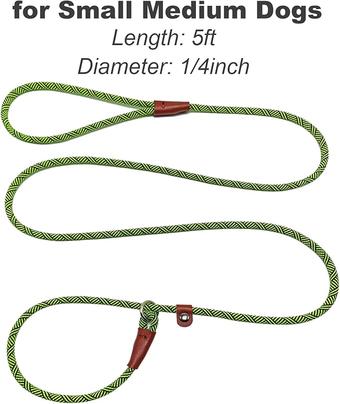 Slip Lead Dog Leash for Small Dogs, 1/4" x 5ft No Pull Slip-on Lightweight Training Leash (Green)