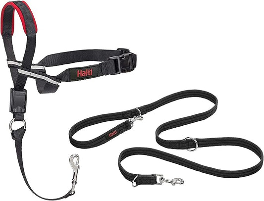 Halti Optifit Headcollar Size Medium & Halti Training Leash Size Large, Black Combination Pack - Stop Your Dog Pulling on the Leash. Adjustable with Padded Nose Band. Suitable for Medium Dogs