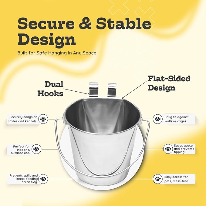 4 Quart Stainless Steel Flat Sided Bucket with Dual Hooks | 2 Pcs Durable Food & Water Bowl for Dogs Cats Goat & Livestock | Fits kennel Cage Critter Crate Hanging Pet Pail | Multipurpose