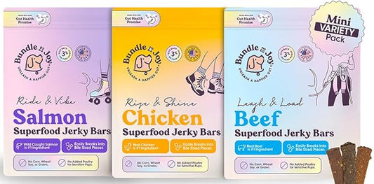 Bundle x Joy Dog Treats Jerky Snack Bars, Variety 3-5 oz Bags, Training Treats, Natural Superfood Grain Free, Real Salmon, Chicken, Beef, Superfoods, Corn & Soy Free