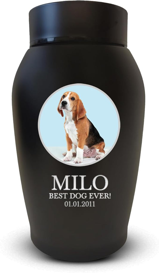 Personalized Custom Photo Dog Urn Engraved Dog Name and Date Stainless Steel Cremation Urns for Dogs Ashes with Pet Photo | Up to 50 Lbs | Standard 7" x 5" | Black