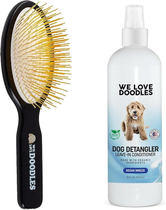 We Love Doodles Pin Brush for Dogs & Ocean Breeze Dog Detangler Spray Bundle - Brush for Removing Loose Fur & Dematting Spray Made in USA