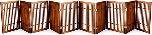 Urnporium Freestanding Wooden Dog Gate Foldable Indoor Pet Gate No Drill Expandable Barrier for Doorways Stairs Hallway Portable Wood Fence for Small Dogs & Puppies (Brown Pet Gate, 10 Panel 24" Tall)