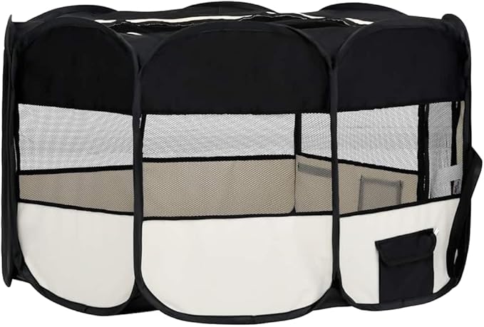 vidaXL Dog Playpen Black and Cream Polyester Foldable Dog Playpen