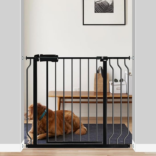 Fairy Baby Walk Through Baby Gate 34-38.5 Inch Wide for Stairs, Pressure Mounted Safety Gate with Door No Drill, Tension Metal Gate for Dog and Toddler, Black