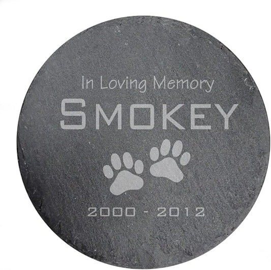 GiftsForYouNow Engraved in Loving Memory Paw Prints Personalized Pet Memorial Garden Stone, 10" in Diameter, Dog Headstone, Round Slate