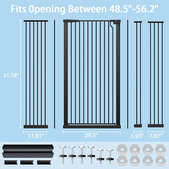 51.18" Extra Tall Cat Gate for Doorway 48.5"-56.2" Wide Auto Close Tall Pet Gate No Drilling Pressure Mounted for Hallway Kitchen,Black