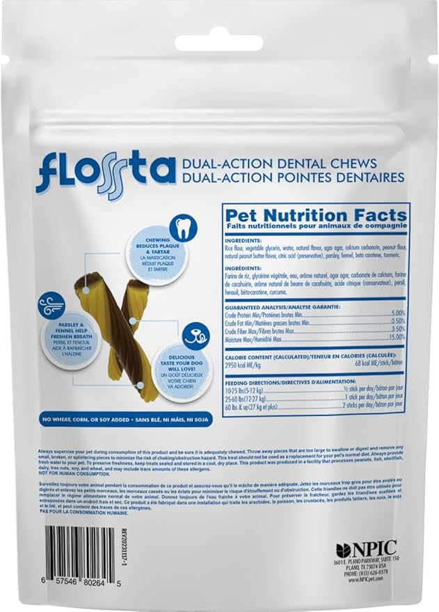 N-Bone Flossta Dual Action Dental Chews for Dogs, Unique Twist Shape for Deep Teeth Cleaning and Proactive Dental Care, Peanut Butter Flavor, 8 Count 6.4-oz Bag