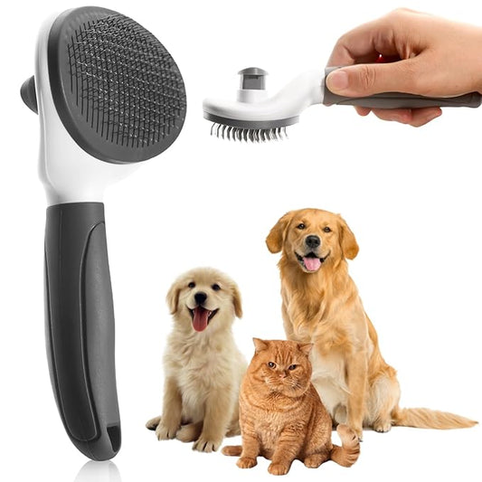 Self Cleaning Slicker Brush with release button for cat, dog, small and large pets, shedding and grooming, massaging tool. Suitable for both long or short hair. (Gray_Large)