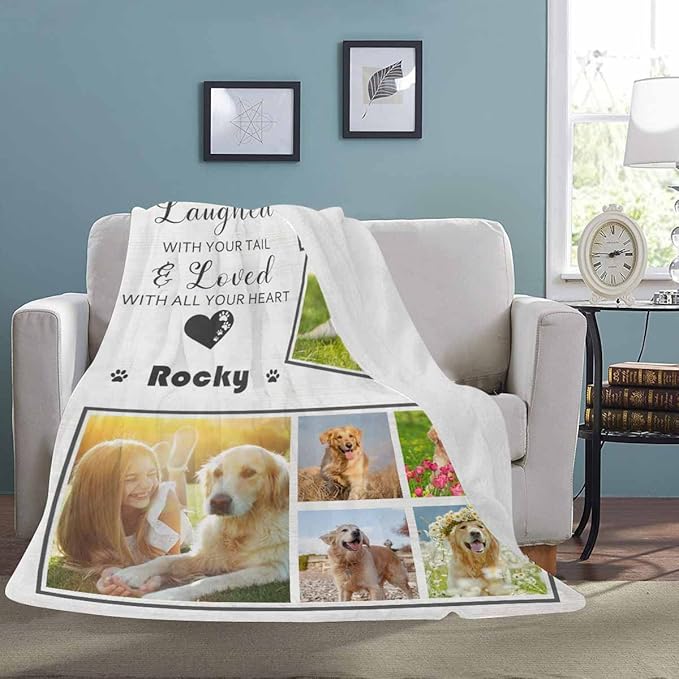 Personalized Throw Blanket with Dog Photo,Dogs Memorial Blankets Customized with Name for Dog Pet Cat Loving Remembrance Custom Soft Fleece Throw Blankets Memory Gift for Family and Friends