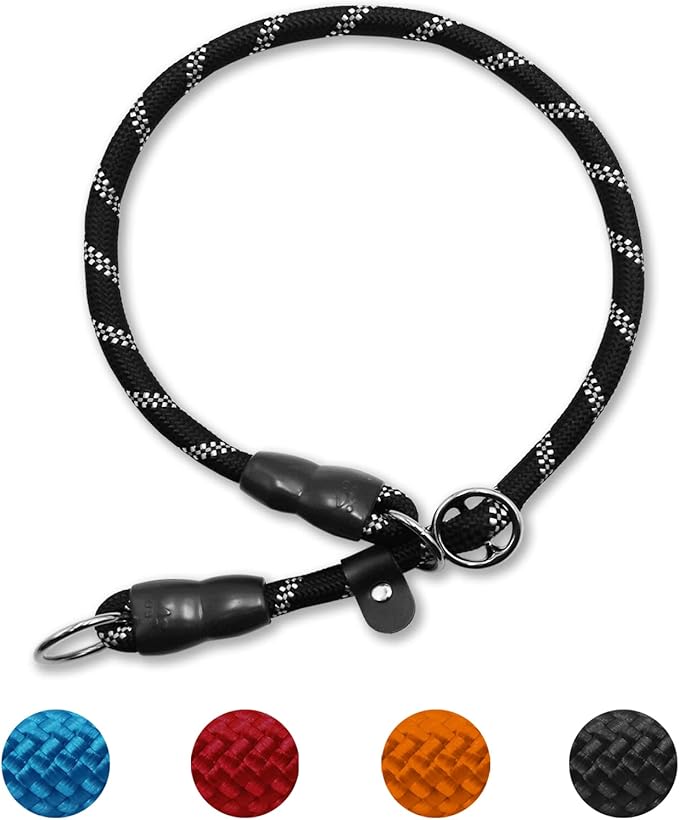 LOS ANDES Dog Slip Collar with Slidable Stopper, No Pull Choker Training Martingale Collar for Small Medium Large Dogs, Nylon, Black-Reflective, L (25 in x 12 mm)