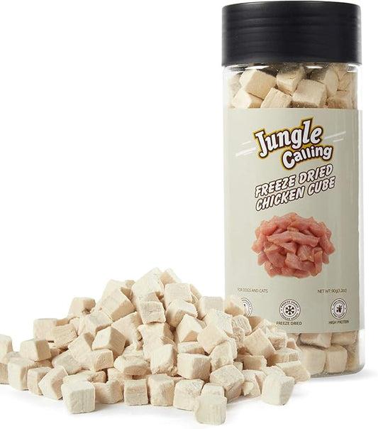Jungle Calling Freeze Dried Chicken Treats for Cats & Dogs, Single Ingredient, Grain-Free, High Protein Training Rewards & Food Topper (Chicken Cubes, 3.2 oz)