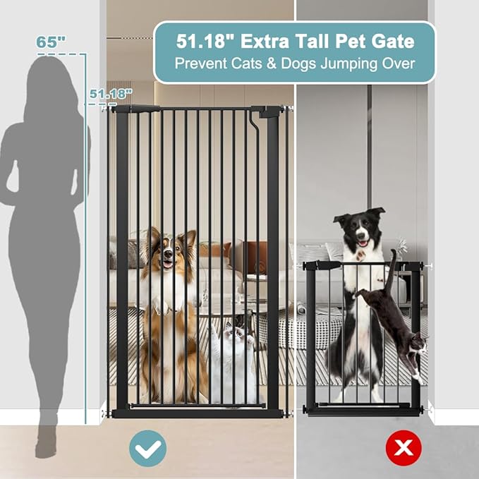 51.18" Extra Tall Pet Gate for Cats Dogs-29.6"-40.5" Extra Wide Baby Cat Gate for Stairs and Doorways-1.37" Ultra Narrow Spacing Dog Gate Dog Door with One-Handed Operation(29.6"-40.5")