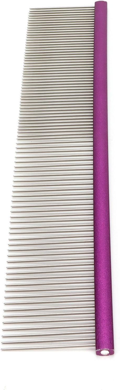 Pet Steel Comb Dogs and Cats, Professional Dog Grooming Comb For Shedding Tangles Knots, Pet Dematting Comb with Rounded Teeth and Non Slip Grip Handle for Long Haired Breeds(Purple 19cm/7.5in)
