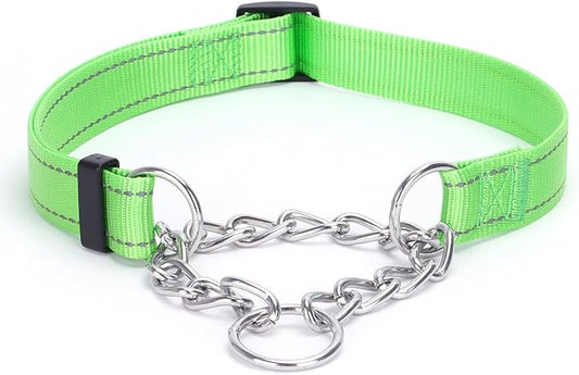 Martingale Dog Collar with Stainless Steel Chain and Leash Set, Martingale Collar with Reflective, 5FT Double Handle Dog Leash Padded, Adjustable for Medium Large Dogs (Green Collar, M)