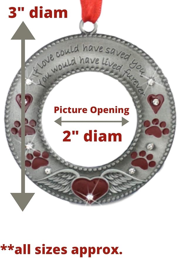 Pet Memorial Ornament - Dog or Cat - Set of 2 - Enameled & Jeweled with Red Hearts, Angel Wings & Paw Prints - Gift/Storage Bag Included