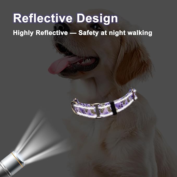 Reflective Martingale Collar for Dogs with Quick Release Buckle Cute Girl Female Flower Dog Collars (Lavender Floral, Large)