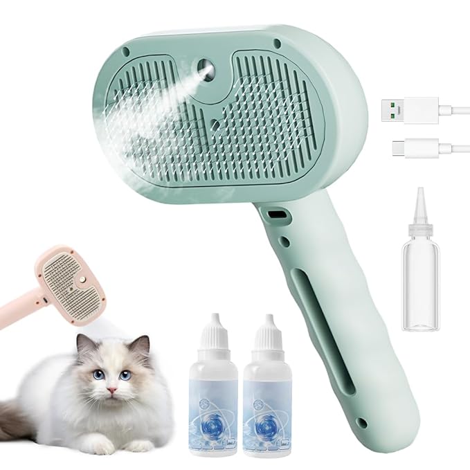 3 in 1 Pet Grooming Brush with Fine Mist Spray, Deshedding Tool for Dogs & Cats, Hair Removal Grooming Tool for Long Short Hair Pets (Green)