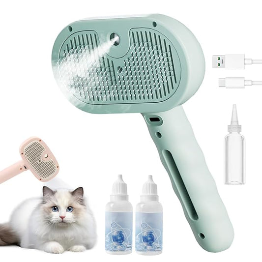 3 in 1 Pet Grooming Brush with Fine Mist Spray, Deshedding Tool for Dogs & Cats, Hair Removal Grooming Tool for Long Short Hair Pets (Green)