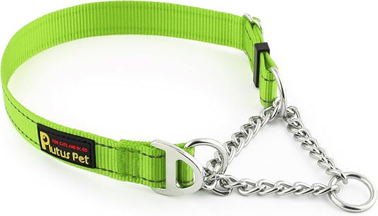 Plutus Pet Martingale Dog Collar with Stainless Steel Chain and Reflective Nylon, Adjustable No Pull Training Collar, for Small Medium, and Large Dogs, Lime Green, L