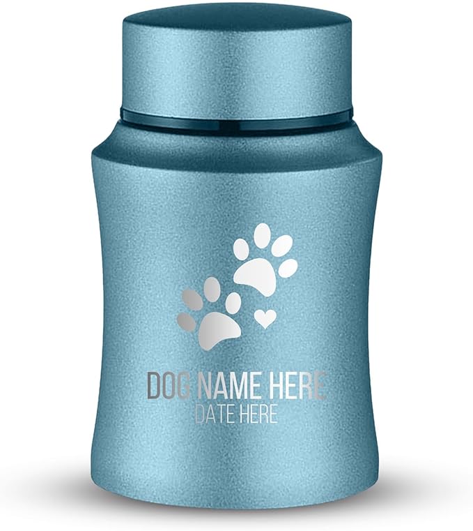 Customized Small Keepsake Urn Personalized Engraved with Pet Name, Date, and Dog Design - 4" Powder Coated Cremation Mini Compact Urn for Dogs Ashes | 5–10 Lbs Capacity | Powder Blue, Dog Paws