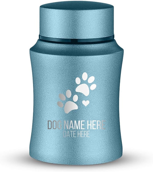 Customized Small Keepsake Urn Personalized Engraved with Pet Name, Date, and Dog Design - 4" Powder Coated Cremation Mini Compact Urn for Dogs Ashes | 5–10 Lbs Capacity | Powder Blue, Dog Paws