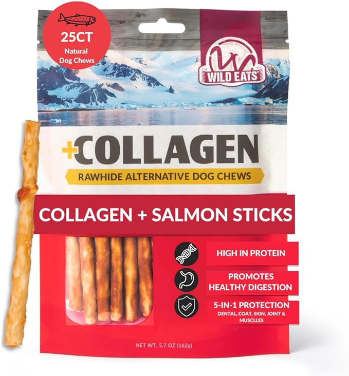 Wild Eats Collagen Real Salmon Bully Sticks for Dogs 25ct - Long Lasting Dog Chews No Hide Dog Treat Bully Stick Alternative, Rawhide Free, Grain Free, High Protein