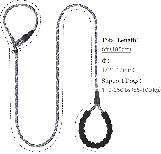 TagME Slip Leads for Dogs that Pull, 6 FT No-Pull Training Leash with Lock, Escape-Proof Design, Reflective & Padded Handle for Large Dogs, Gray