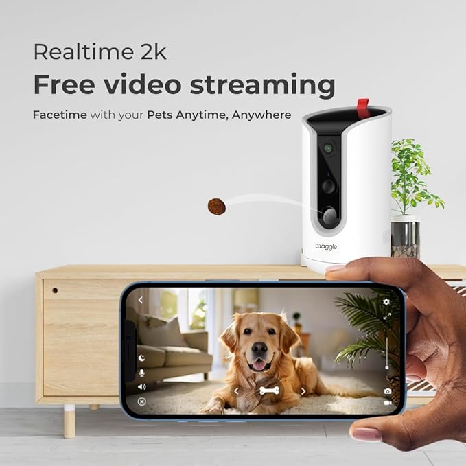 WaggleCam 2K Pet Camera and Treat Dispenser with 360° AI Tracking, 2-Way Audio, Motion Alerts, Night Vision, Dual-Band WiFi (2.4 GHz or 5 GHz) – Indoor Use