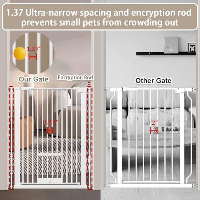 40.55" Tall 1.37" Ultra Narrow Spacing 30.12-61.61" Extra Wide Dogs Pets Baby Gate with Door for Doorway Cat Safety Proof Indoor Puppy Pressure Mounted No Drill White Black Metal Hallway