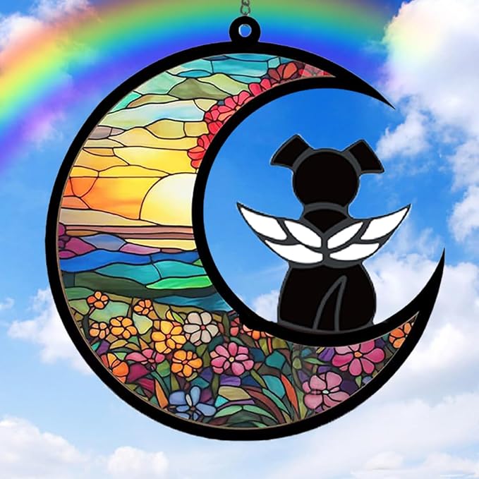 Angel Dog Memorial Suncatcher - Black Angel on Moon, Acrylic Pet Sympathy Gift for Dog Lovers