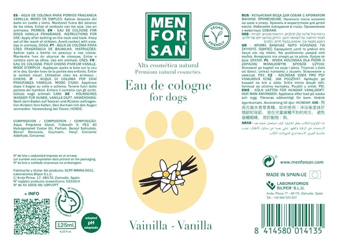 MENFORSAN Eau de Cologne Vanilla for dogs 100% Natural, Vegan-Friendly, Alcohol Free