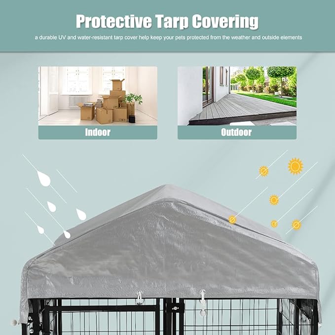 Large Dog Kennel Dog Crate Cage, Extra Large Welded Wire Pet Playpen with UV Protection Waterproof Cover and Roof Outdoor Heavy Duty Galvanized Metal Animal Pet Enclosure for Outside, 4 x 4 x 4.3 Feet